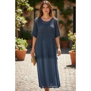 Carol Anderson California Womens Blue Crochet 2 Piece Maxi Dress Set Large